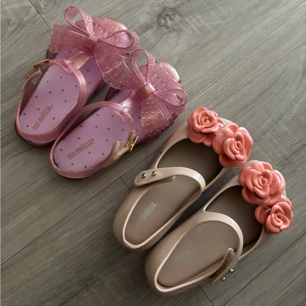 Mini Melissa Pink and Blush Jelly Sandals with Bow and Rose Accents Bundle
